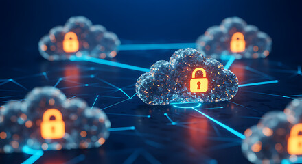 Poster - Secure Cloud Network: Illustrative representation of data protection and cloud computing security, with a network of interconnected clouds featuring prominent padlock icons.