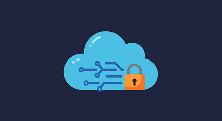 Poster - Cloud Security: A symbolic illustration of cloud computing security, showcasing a digital circuit within a cloud formation, protected by a padlock.