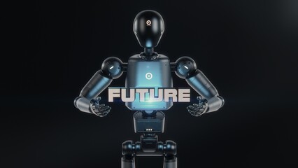 Fototapete - Visualization of Advanced Humanoid Robot Showing Floating Future Inscription in High-Tech Environment. Abstract and Futuristic Artificial Intelligence Technology Concept. Visual Effects Animation.