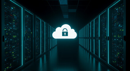 Poster - Cyber Fortress: A digital representation of a modern server room, illuminated with cool blue lighting, featuring a cloud with a secure lock symbol, symbolizing data protection and the cloud.
