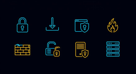 Poster - Digital Security Icons: A collection of sleek, neon-style icons representing vital aspects of digital security, including a padlock, shield, firewall, and server protection