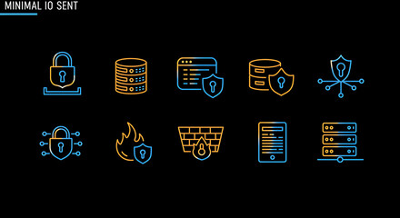 Poster - Cybersecurity Icons: Illustrative, graphic symbols representing critical aspects of cybersecurity, security, data protection, network infrastructure, digital safety, with emphasis on data, firewall.
