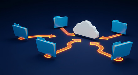 Poster - Cloud Data Communication: A graphic representation of data transmission, depicting interconnected folders and a cloud icon, symbolizing secure cloud storage and efficient file sharing.