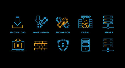 Poster - Cybersecurity Icon Set: A series of digital icons showcases essential cybersecurity elements. This illustration employs vibrant colors against a dark background.