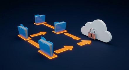 Poster - Cloud Data Network Illustration: A digital visualization of data transfer and cloud storage, where files are transmitted seamlessly within a secure network.