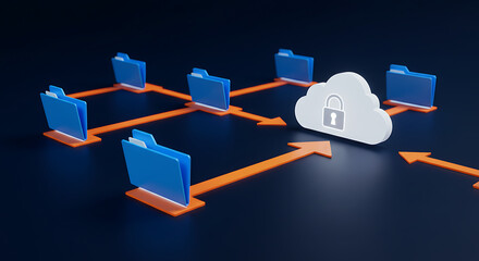 Poster - Secured Cloud Data: A network of digital folders securely connected to a cloud, showcasing data protection and online data security in a modern digital landscape.