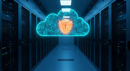 Poster - Secure Cloud Storage: The image captures a network server room and a digital cloud with an added shield. It conveys a sense of safety, efficiency, and technological sophistication.