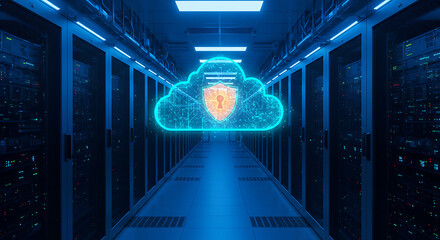 Poster - Digital Fortress: A futuristic server room pulses with energy, a luminous cloud emblem symbolizing data protection and secure online storage. The scene creates a sense of digital security.