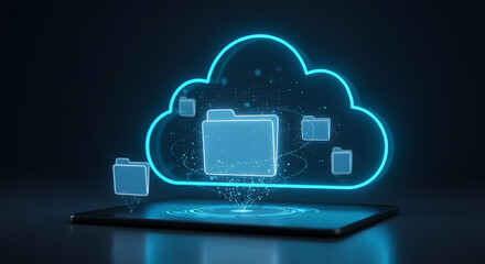 Poster - Digital Cloud Data: A sleek digital rendering of a cloud hosting digital data and folders atop a tablet, a perfect visual representation of information storage.