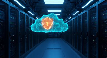 Poster - Cloud Data Security and Server Room: A digitally enhanced depiction of a server room, with rows of computer servers leading to a central visual representation of a cloud with a shield and a keyhole