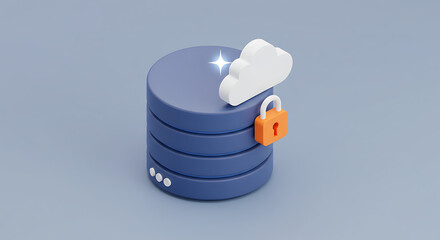 Poster - Secure Digital Data Storage Concept: A 3D rendering of a secure data storage server, with a cloud icon and lock, symbolizing data protection and cloud computing.