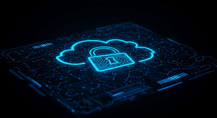 Poster - Cybersecurity: A radiant, futuristic vision of a cloud secured with a padlock, symbolizing digital safety and data protection in the evolving digital landscape.