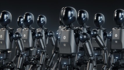 Fototapete - Visualization of Army of Advanced Humanoid Robots Marching Together Synchronously Across Dark Futuristic Space. Artificial Intelligence, Robotics and Cybernetics Concept. Visual Effects Animation.