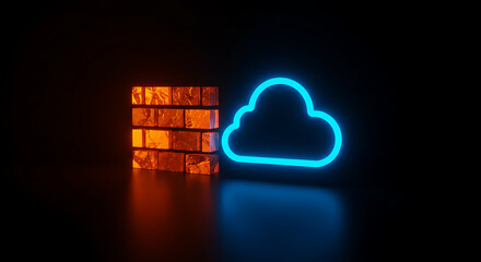 Poster - Cloud Security: A radiant, glowing cloud and brick wall representing robust cyber security, safeguarding digital information within a futuristic technological display.