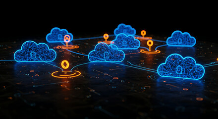 Poster - Cloud Computing Network: A futuristic network of illuminated clouds, interconnected with digital pathways, symbolizing the power of cloud computing and data storage in a dynamic virtual environment.