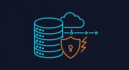 Poster - Digital Data Guardian: Conceptual illustration highlighting data protection, showcasing a database server securely connected to the cloud, safeguarded by a digital shield.