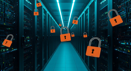 Poster - Digital Fortress: Cyber Security Realm. A modern data center is depicted, with rows of servers and a network of interconnected information protected by digital padlocks.