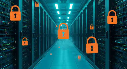 Poster - Digital Fortress: Illustrating a secure data center, with digital padlocks representing the protection of sensitive information and the strength of cybersecurity.