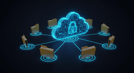 Poster - Digital Fortress: A cloud-based digital lock symbolizing data security, connecting multiple folders in a network. This captivating image represents the concept of data protection and cyber security.