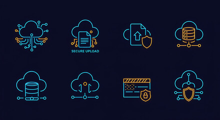 Poster - Cloud Icons: A comprehensive set of modern cloud computing icons, elegantly designed to represent various aspects of digital storage, data security, and file management.