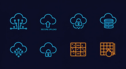 Poster - Cloud Data Icons: An illustration of a collection of cloud computing and data storage icons, rendered in a modern and vibrant graphic style.