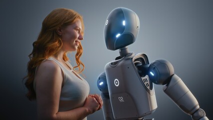 Fototapete - Futuristic Human-Machine Collaboration Concept: Visualization of Young Woman Looking Tenderly at Humanoid Robot. Symbol of Love, Connection and Harmony Between Humanity and Artificial Intelligence.
