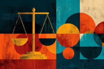 Poster - Abstract representation of justice balanced with vibrant colors and shapes in a visually striking composition