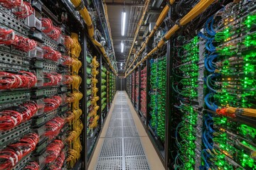 Poster - Data center filled with server racks and vibrant cables showcasing modern technology in action