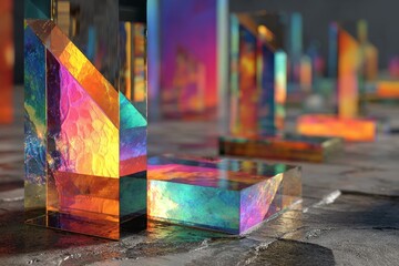 Poster - Colorful abstract glass structures reflecting light in a vibrant urban setting during sunset
