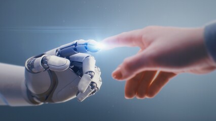 Fototapete - Futuristic Concept of Humanity and Artificial Intelligence Collaboration: Visualization of Humanoid Robot and Human Touching Fingertips, Creating Glowing Light. People and Robots Working Together.