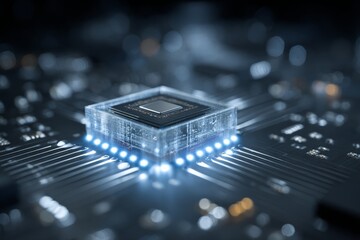 Poster - Close-up view of a microchip illuminated by LED lights on a circuit board showcasing advanced technology