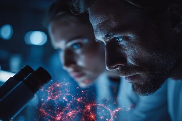 Poster - Scientists deeply focused on research using a microscope in a modern lab during evening hours