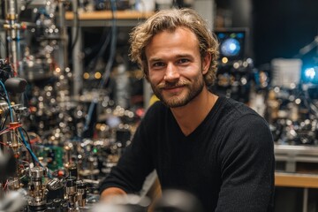 Poster - Researcher works intently in a high-tech laboratory surrounded by intricate scientific equipment