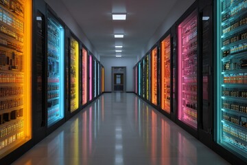 Poster - Vibrant corridor of illuminated server racks in a modern data center at twilight, showcasing advanced technology and design