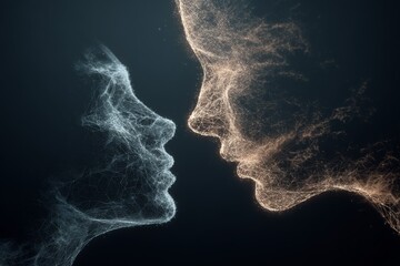  - Two abstract silhouettes merge in a captivating display of light and lines representing connection and emotion