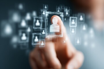 Poster - Digital interface displays user profiles while a finger selects an icon representing modern technology in action