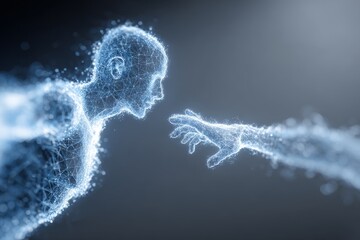 Poster - Digital representation of human-like figures reaching out in a futuristic, abstract art concept
