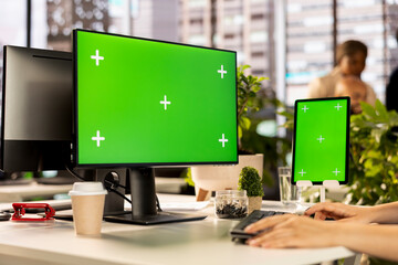 Poster - Professional office worker reviews financial plans next to mockup screen, using online tools on pc, problem solving and strategy planning tasks. Guaranteeing enterprise objectives.