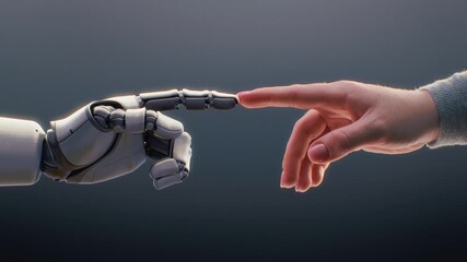 Fototapete - Futuristic Concept of Humanity and Artificial Intelligence Collaboration: Visualization of Humanoid Robot Arm and Human Touching Fingertips. Symbol of Technology and Innovation. Human-Machine Teamwork