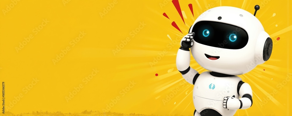 Robotics Hello Cute robot character waving hello against vibrant yellow background ...