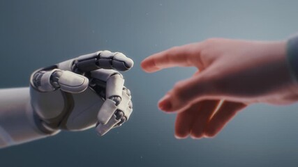 Fototapete - Futuristic Concept of Humanity and Artificial Intelligence Collaboration: Visualization of Humanoid Robot and Human Touching Fingertips, Creating Glowing Light. People and Robots Working Together.