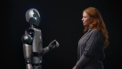 Poster - Futuristic Human-Machine Concept: Visualization of Young Woman Speaking with High-Tech Humanoid Robot. Symbol of Connection, Collaboration and Harmony Between Humanity and Artificial Intelligence.