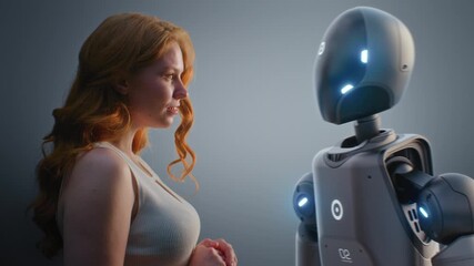Poster - Futuristic Human-Machine Collaboration Concept: Visualization of Young Woman Looking Tenderly at Humanoid Robot. Symbol of Love, Connection and Harmony Between Humanity and Artificial Intelligence.