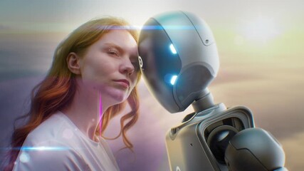 Poster - Futuristic Human-Machine Concept: Visualization of Young Woman Gently Touching Foreheads with Humanoid Robot at Sunset. Symbol of Love, Connection, Harmony Between Humanity and Artificial Intelligence