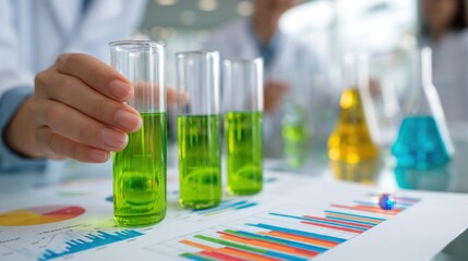 Poster - Laboratory technicians in lab coats examine samples of green methanol in glass vials, with colorful charts and graphs displayed in the background, suggesting scientific data analysis