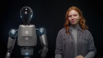 Poster - Visualization of Futuristic People and Robots Concept: VFX Animation of High-Tech Humanoid Robot Prototype of Young Woman. Connection and Collaboration Between Humanity and Artificial Intelligence.