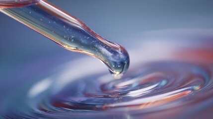 Poster - Golden niobium tin solution drips from a pipette, creating concentric ripples in the underlying liquid, showcasing its viscosity and glossy texture
