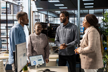 Poster - Entrepreneur and his staff discuss resource allocation and budget planning for an upcoming corporate project, focusing on efficient use of resources to meet company objectives and drive growth.
