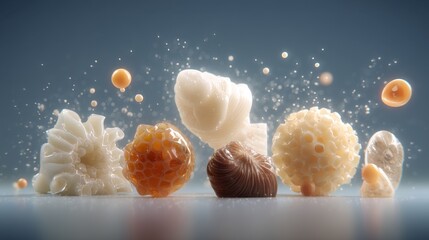 Poster - Glossy, reconfigurable wax moulds of various shapes and textures reflect light, emphasizing their material properties against a neutral background with floating spheres