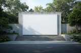 Blank billboard on concrete wall in rich garden plants. Large advertising space with natural sunlight creating shade patterns. Minimalist outdoor display backdrop for marketing nature-themed